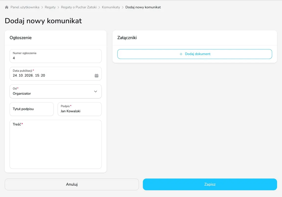 Formularz Dodaj nowy komunikat z kartą Ogłoszenie (numer, data publikacji, nadawca, podpis, treść) i kartą Załączniki