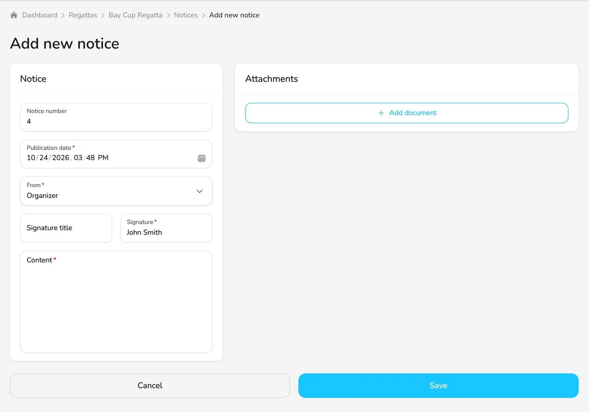 Add new notice form with the Notice card (number, publication date, sender, signature, content) and the Attachments card