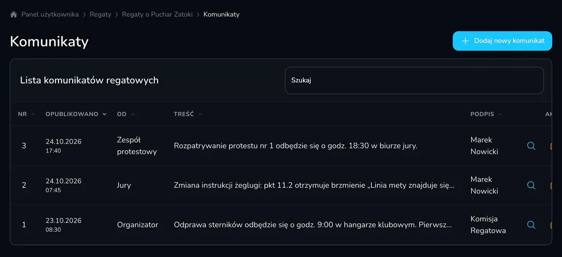 Lista komunikatów regatowych z numerem, datą publikacji, nadawcą, treścią, podpisem i akcjami
