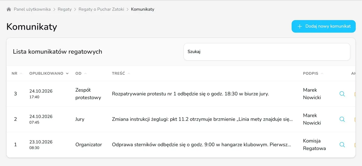 Lista komunikatów regatowych z numerem, datą publikacji, nadawcą, treścią, podpisem i akcjami