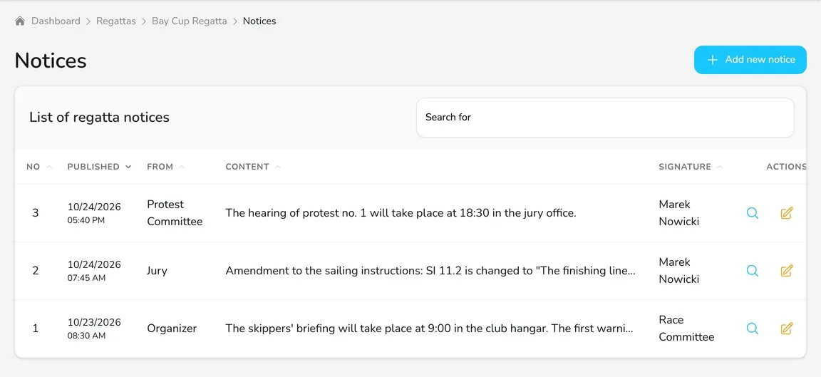 List of regatta notices with the number, publication date, sender, content, signature and actions
