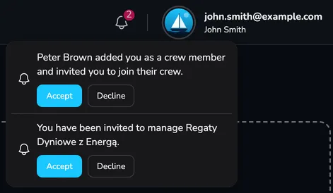 The notification list with a crew invitation and the Accept and Decline buttons