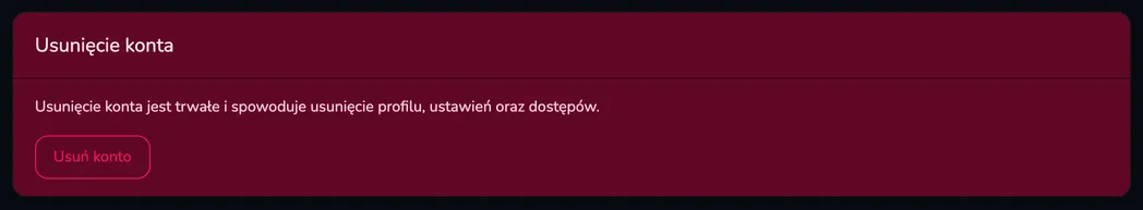 Karta Usunięcie konta z opisem skutków i przyciskiem Usuń konto