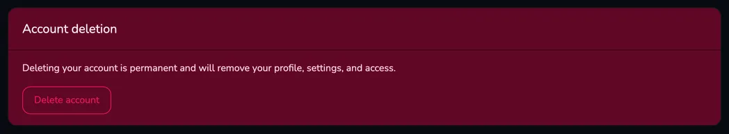 The Account deletion card with the description of the consequences and the Delete account button