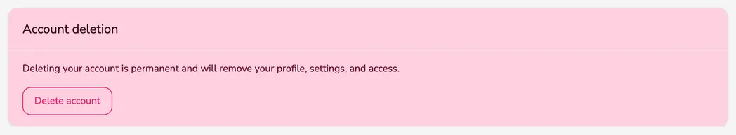 The Account deletion card with the description of the consequences and the Delete account button