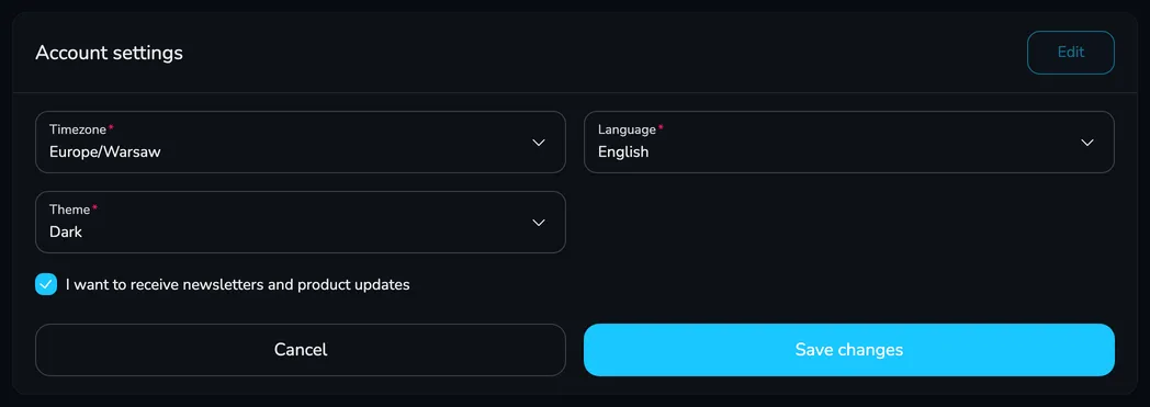 The Account settings card in edit mode with the Timezone, Language and Theme fields and the newsletter consent