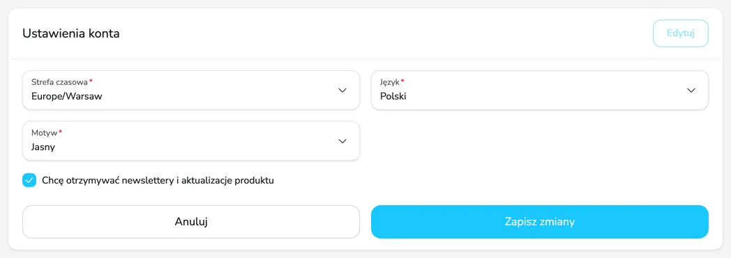 Karta Ustawienia konta w trybie edycji z polami Strefa czasowa, Język, Motyw i zgodą na newsletter