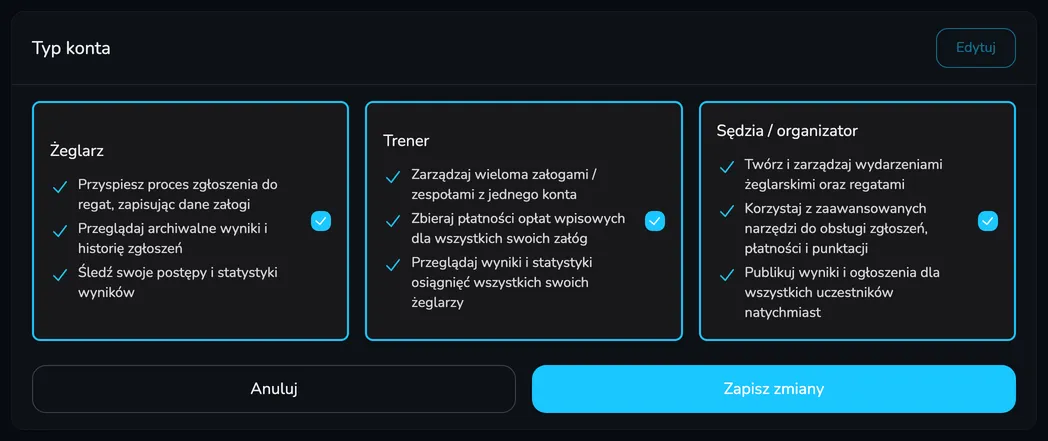 Karta Typ konta w trybie edycji z zaznaczonymi typami Żeglarz, Trener i Sędzia / organizator