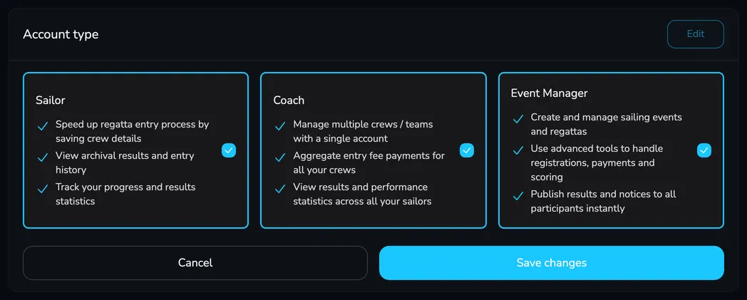 The Account type card in edit mode with the Sailor, Coach and Event Manager types selected