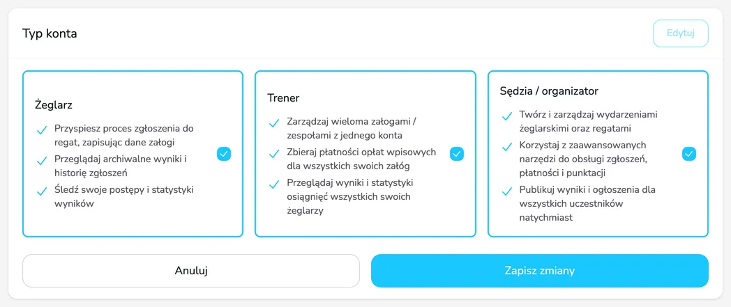 Karta Typ konta w trybie edycji z zaznaczonymi typami Żeglarz, Trener i Sędzia / organizator