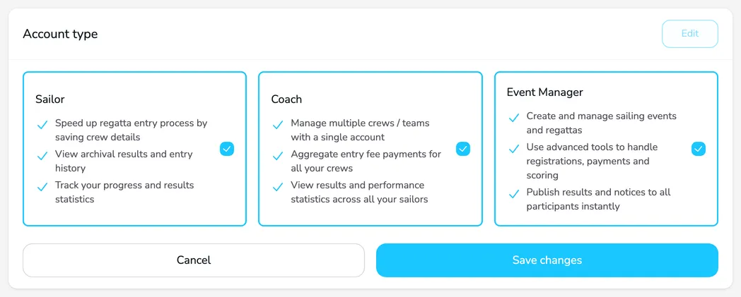 The Account type card in edit mode with the Sailor, Coach and Event Manager types selected