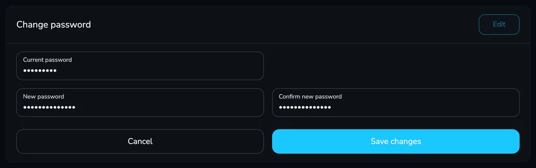 The Change password card in edit mode with the Current password, New password and Confirm new password fields