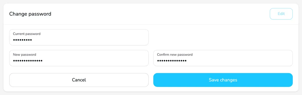 The Change password card in edit mode with the Current password, New password and Confirm new password fields