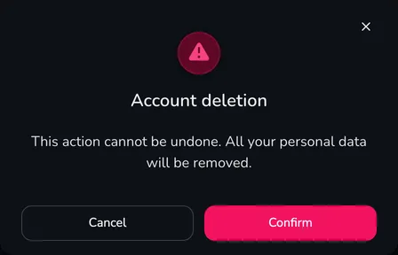 The Account deletion confirmation window with the Cancel and Confirm buttons