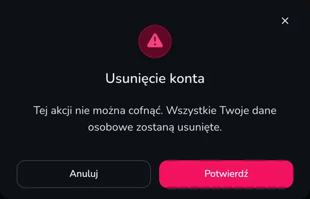 Okno potwierdzenia Usunięcie konta z przyciskami Anuluj i Potwierdź