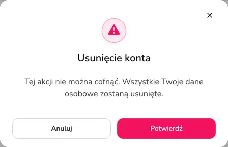 Okno potwierdzenia Usunięcie konta z przyciskami Anuluj i Potwierdź