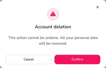 The Account deletion confirmation window with the Cancel and Confirm buttons