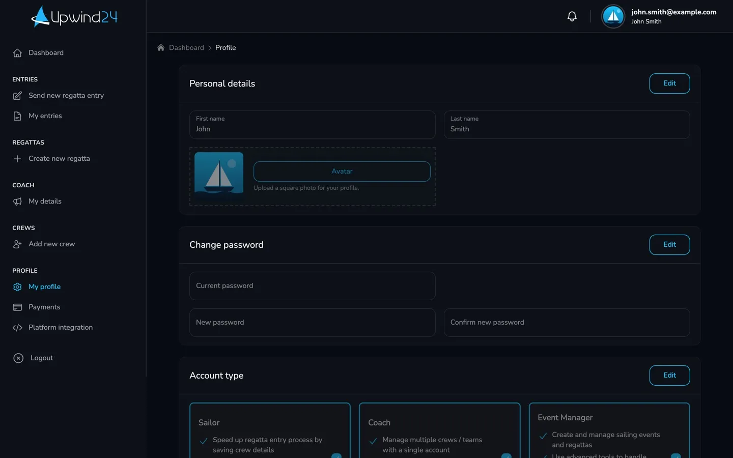 The My profile page of the user panel with the Personal details, Change password and Account type cards