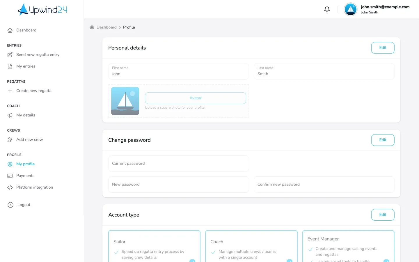 The My profile page of the user panel with the Personal details, Change password and Account type cards