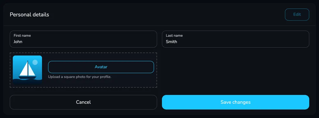 The Personal details card in edit mode with the First name and Last name fields, the avatar preview and the Cancel and Save changes buttons