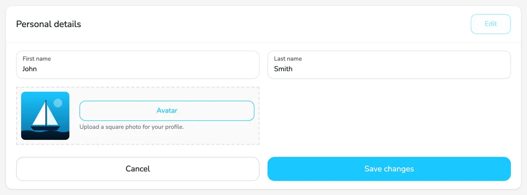 The Personal details card in edit mode with the First name and Last name fields, the avatar preview and the Cancel and Save changes buttons