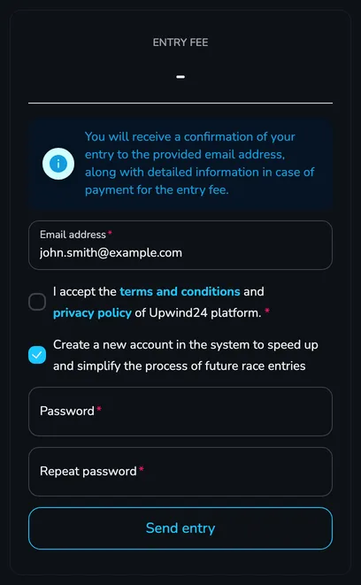 The entry form panel with the create account option ticked and the Password and Repeat password fields
