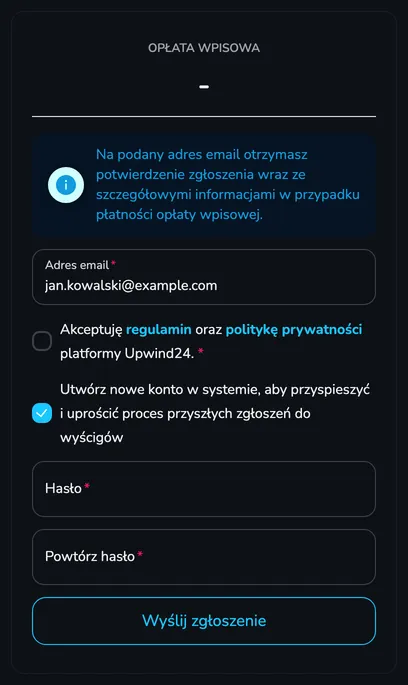 Panel formularza zgłoszeniowego z zaznaczoną opcją utworzenia konta oraz polami Hasło i Powtórz hasło