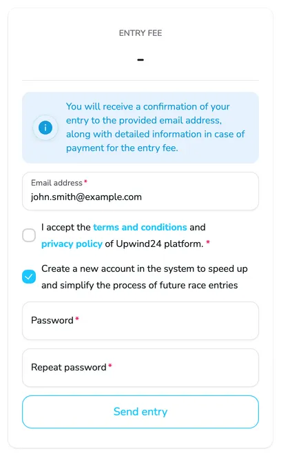 The entry form panel with the create account option ticked and the Password and Repeat password fields