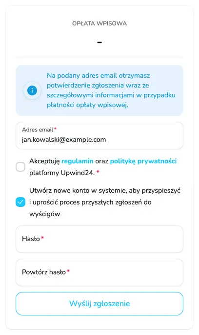 Panel formularza zgłoszeniowego z zaznaczoną opcją utworzenia konta oraz polami Hasło i Powtórz hasło