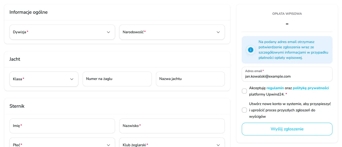 Formularz zgłoszeniowy na stronie regat z kartą Informacje ogólne i panelem z opłatą wpisową, adresem e-mail i zgodami