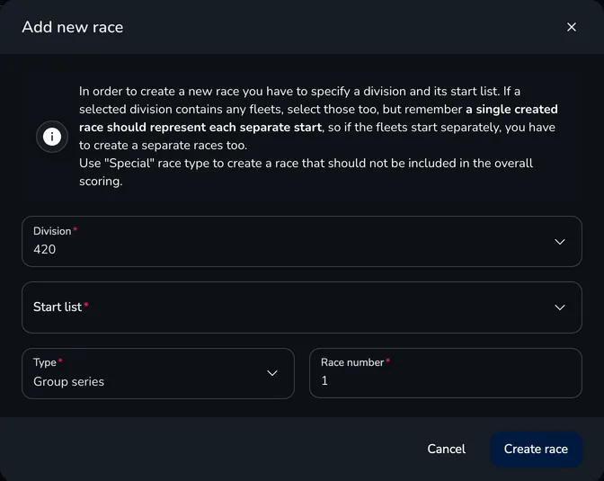 Add new race window with the description and the Division, Start list, Type and Race number fields