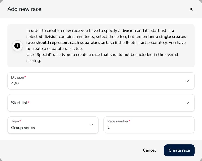 Add new race window with the description and the Division, Start list, Type and Race number fields