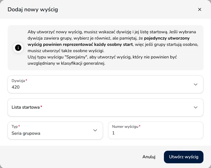 Okno Dodaj nowy wyścig z opisem, polami Dywizja, Lista startowa, Typ i Numer wyścigu