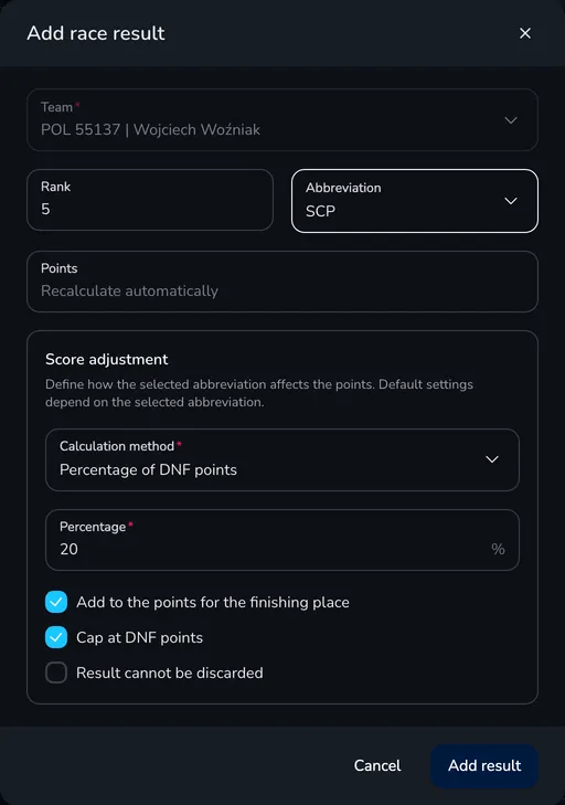 Add race result window with the SCP abbreviation, the rank, the Points field and the score adjustment: percentage of DNF points 20%, added to the points for the place
