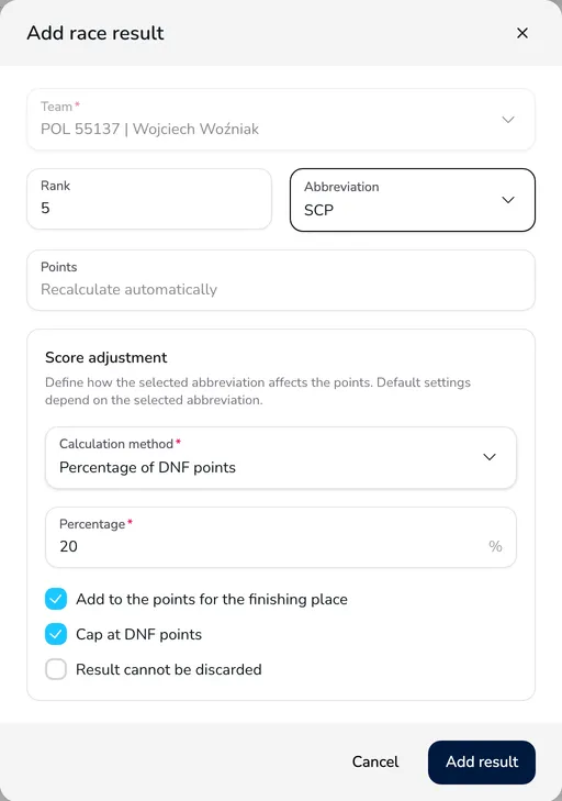 Add race result window with the SCP abbreviation, the rank, the Points field and the score adjustment: percentage of DNF points 20%, added to the points for the place