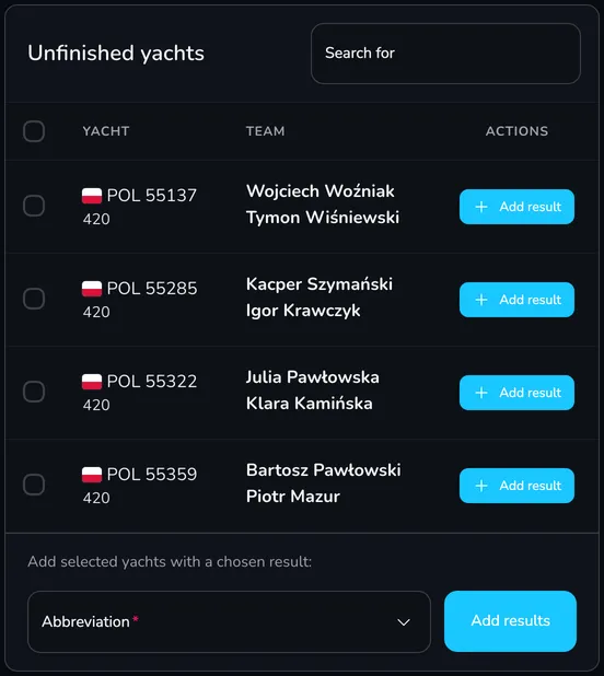 Unfinished yachts table with boat checkboxes and the Abbreviation field with the Add results button