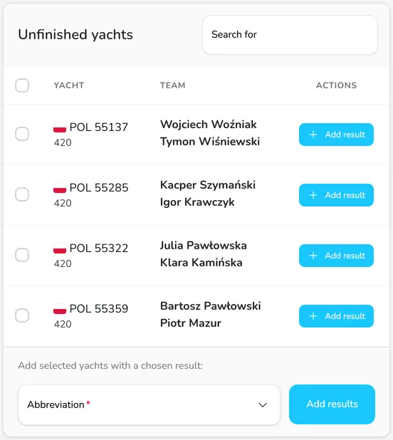 Unfinished yachts table with boat checkboxes and the Abbreviation field with the Add results button