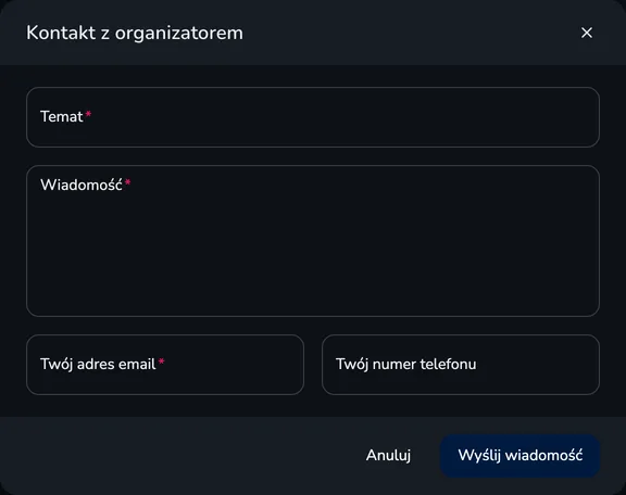 Okno Kontakt z organizatorem z polami Temat, Wiadomość, Twój adres email i Twój numer telefonu