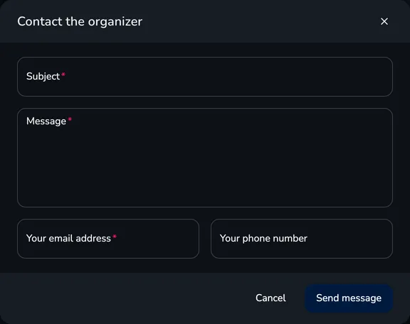 Contact the organizer window with the Subject, Message, Your email address and Your phone number fields