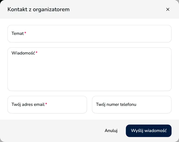 Okno Kontakt z organizatorem z polami Temat, Wiadomość, Twój adres email i Twój numer telefonu