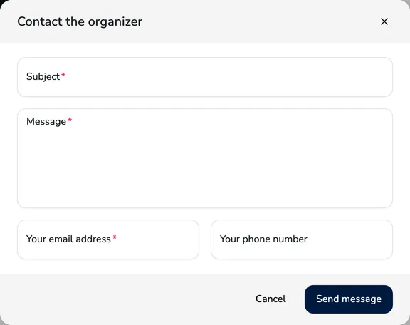 Contact the organizer window with the Subject, Message, Your email address and Your phone number fields
