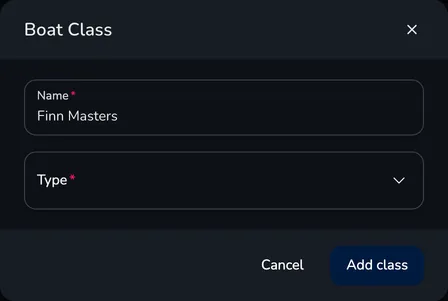 Boat Class window with the Name and Type fields and the Add class button