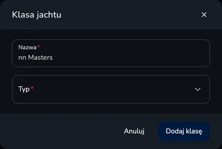Okno Klasa jachtu z polami Nazwa i Typ oraz przyciskiem Dodaj klasę