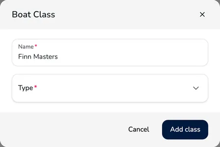 Boat Class window with the Name and Type fields and the Add class button
