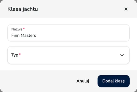 Okno Klasa jachtu z polami Nazwa i Typ oraz przyciskiem Dodaj klasę
