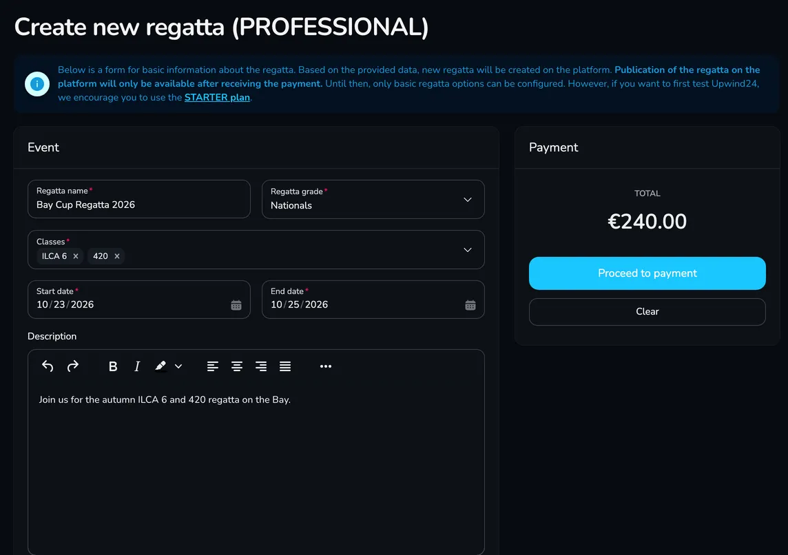 Create new regatta (PROFESSIONAL) form with the regatta name, grade, ILCA 6 and 420 classes, dates and the Payment card with the Proceed to payment button