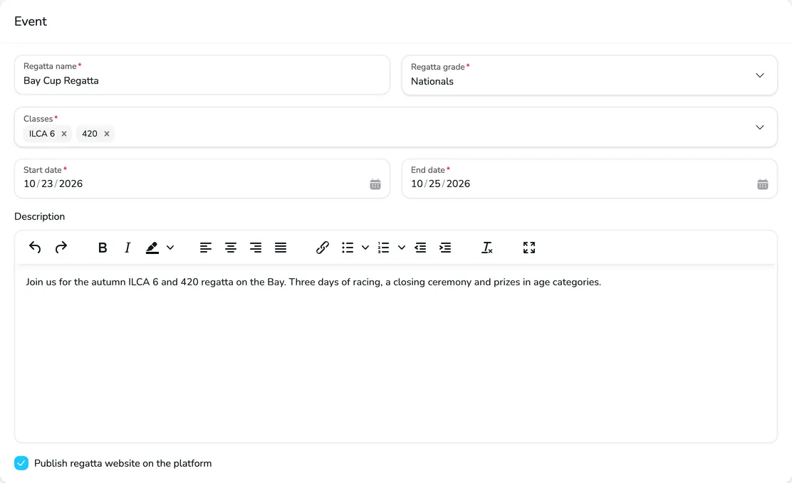 Event card on the Edit regatta page with the name, grade, classes, dates, description and the selected Publish regatta website on the platform field