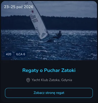 Kafelek regat na liście regat z obrazem dla listy regat, datami, klasami, nazwą i miejscem regat