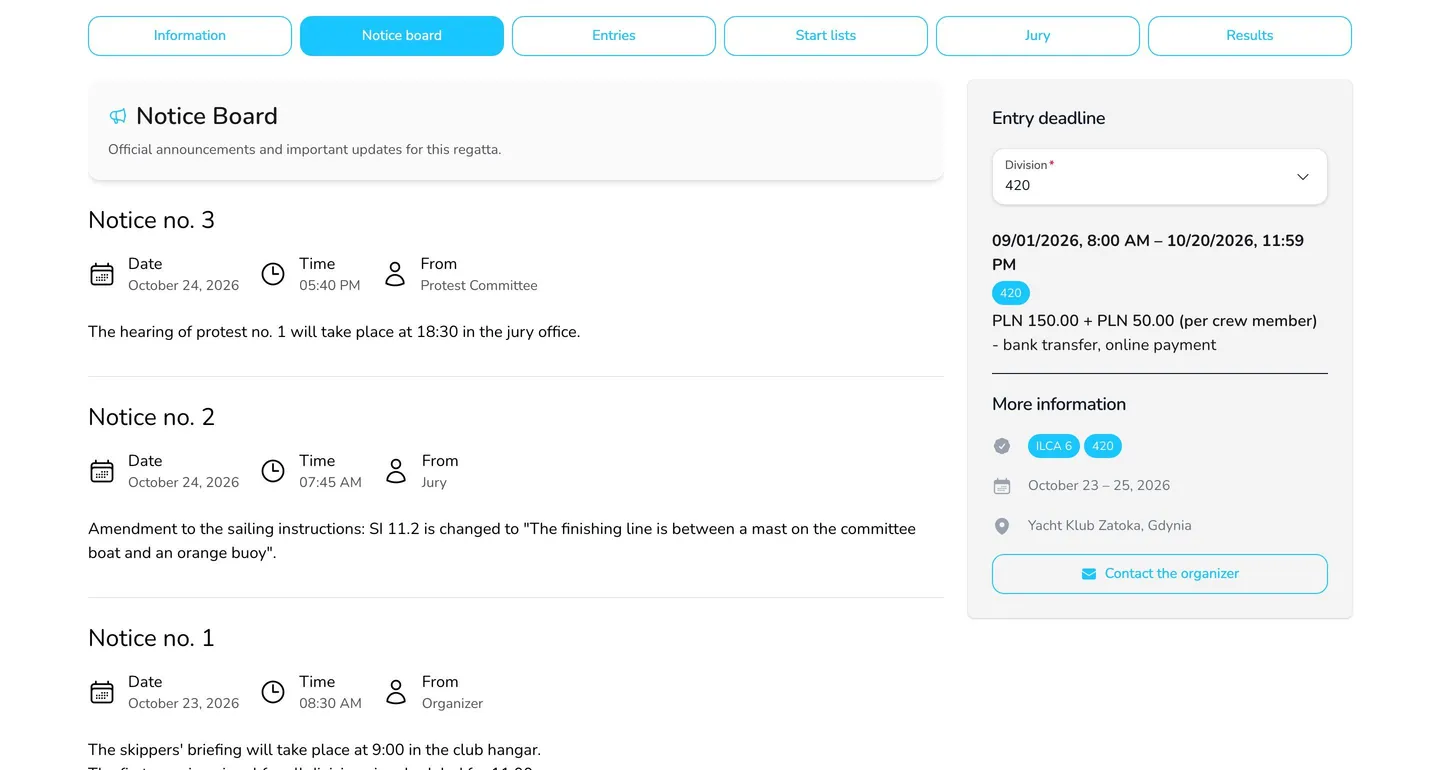 Notice board tab on the regatta page with three notices labeled with a number, date, time and sender