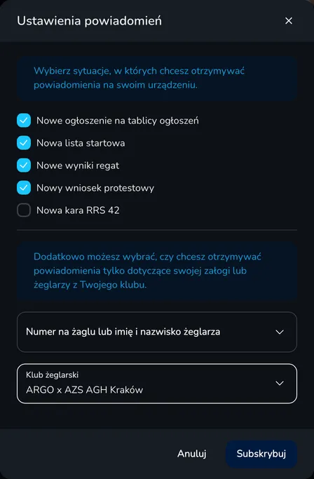 Okno Ustawienia powiadomień z zaznaczonymi zdarzeniami, polami filtrów Numer na żaglu lub imię i nazwisko żeglarza oraz Klub żeglarski i przyciskiem Subskrybuj